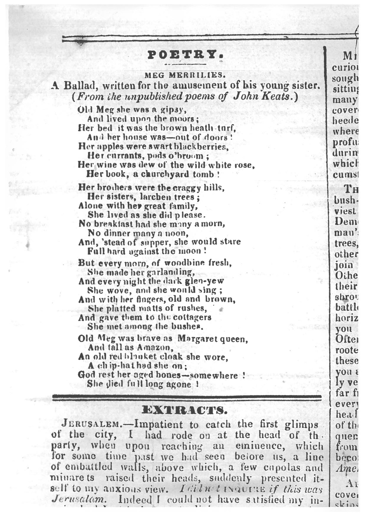 First publication of Old meg she was a gipsey, 22
        Nov 1838 in The Plymouth and Devonport Weekly Journal.
        Thanks to the Plymouth Central Library for making this image for MKP.