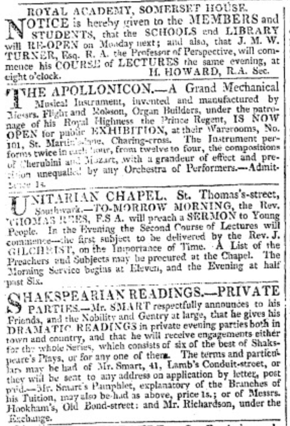  Sampling from page one of The Morning
        Chronicle, on this day, 3 January 1818. Click to enlarge.