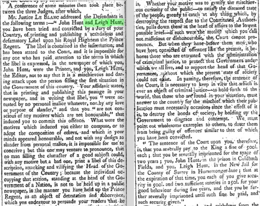 The sentencing of John and Leigh Hunt by Justice Le Blanc, in The Morning Chronicle, 4 February 1813. Click to enlarge. 