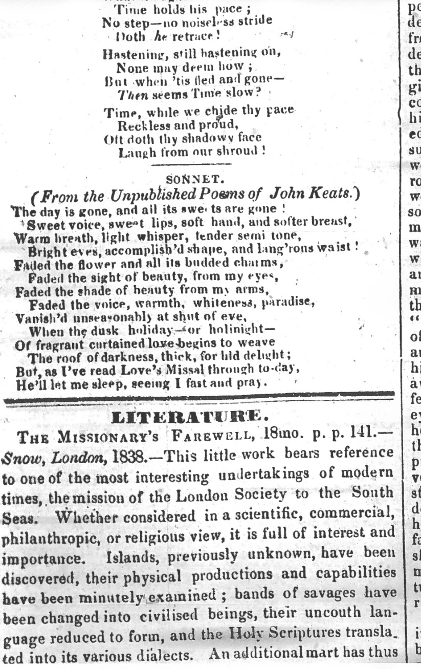 First publication of The day is gone in The Plymouth and Devonport Weekly Journal, 4 October 1838. My
        thanks to the Plymouth Central Library for generously making and providing this
        image.