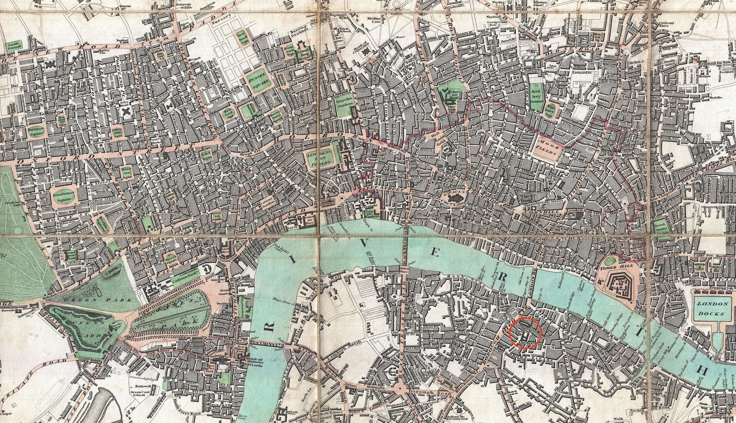 Guyâ€™s Hospital area within the greater London area (Edward Mogg, 1806 map).
        Click to enlarge. 