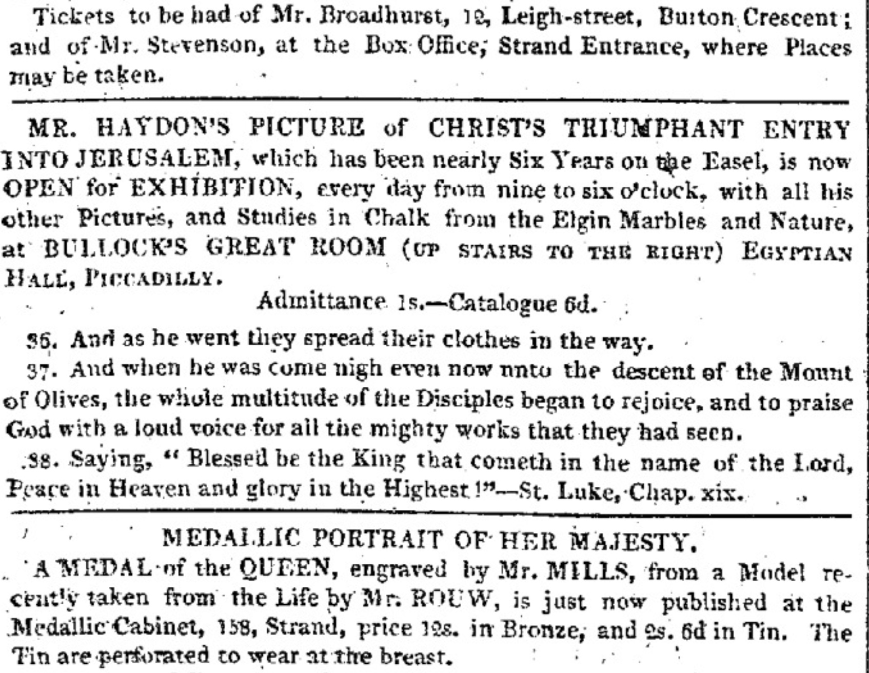 Six Years on the Easel: Haydonâ€™s Christâ€™s Triumphant
          Entry into Jerusalem,
        The Examiner, 1 Oct 1820 (click to enlarge)