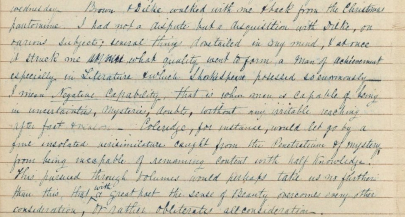 Jeffrey’s transcription of the negative capability letter (Houghton Library,
        Harvard University, MS Keats 3.9). Click to enlarge.