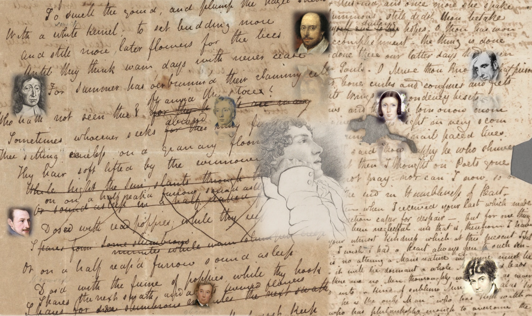 Draft of To Autumn, letter to Bailey, Spenser, Milton, Clarke, Tom Keats,
        Shakespeare, Fanny Brawne, Hunt, Wordsworth . . . ©2021 G. Kim Blank (click to
        enlarge).