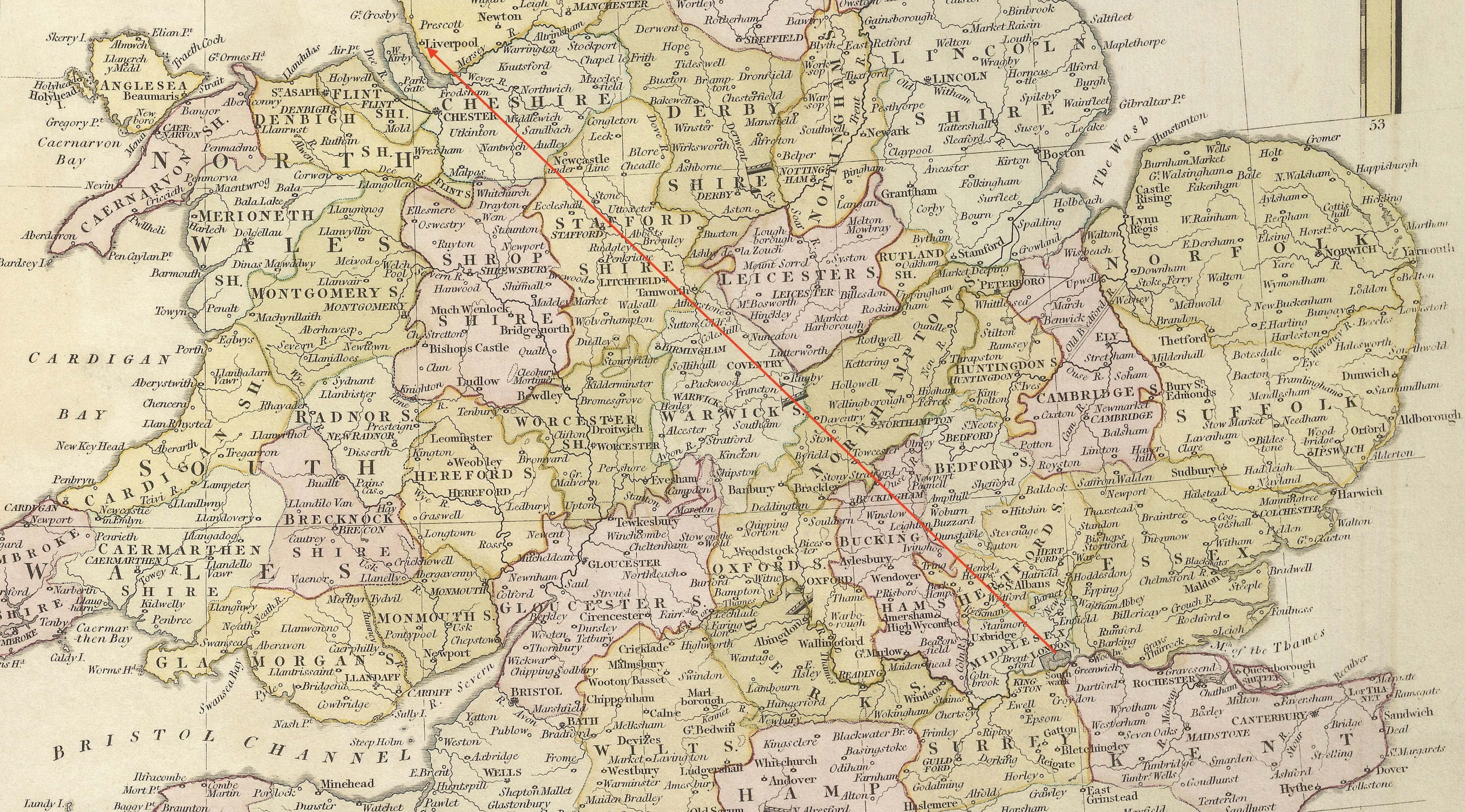 22-23 July 1818: Keats, with Brown, travels from London to Liverpool to see off
        his brother and sister-in-law, George and Georgiana, on their way to America. They will
        settle in Kentucky. Map: The British Isles, by R. Wilkinson, published 1813. Distance
        between London and Liverpool: as the crow flies, about 290 km/178 miles. Click to
        enlarge.