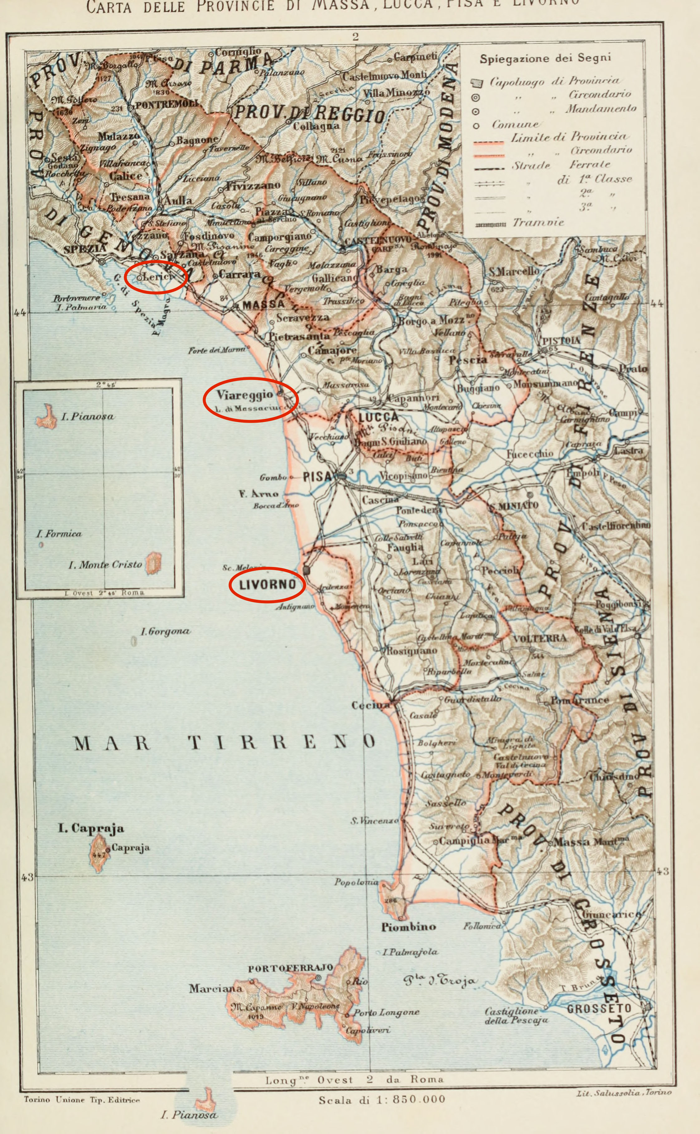 19th-century map of the Italian coast where Shelley drowns: Livorno, Lerici,
        Viareggio. Click to enlarge.