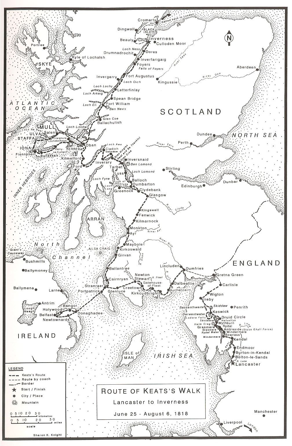 Keats’s walking trip, from Walking North with Keats by Carol Kyros Walker
        (1992; updated edition, Edinburgh UP, 2021). Click to enlarge.