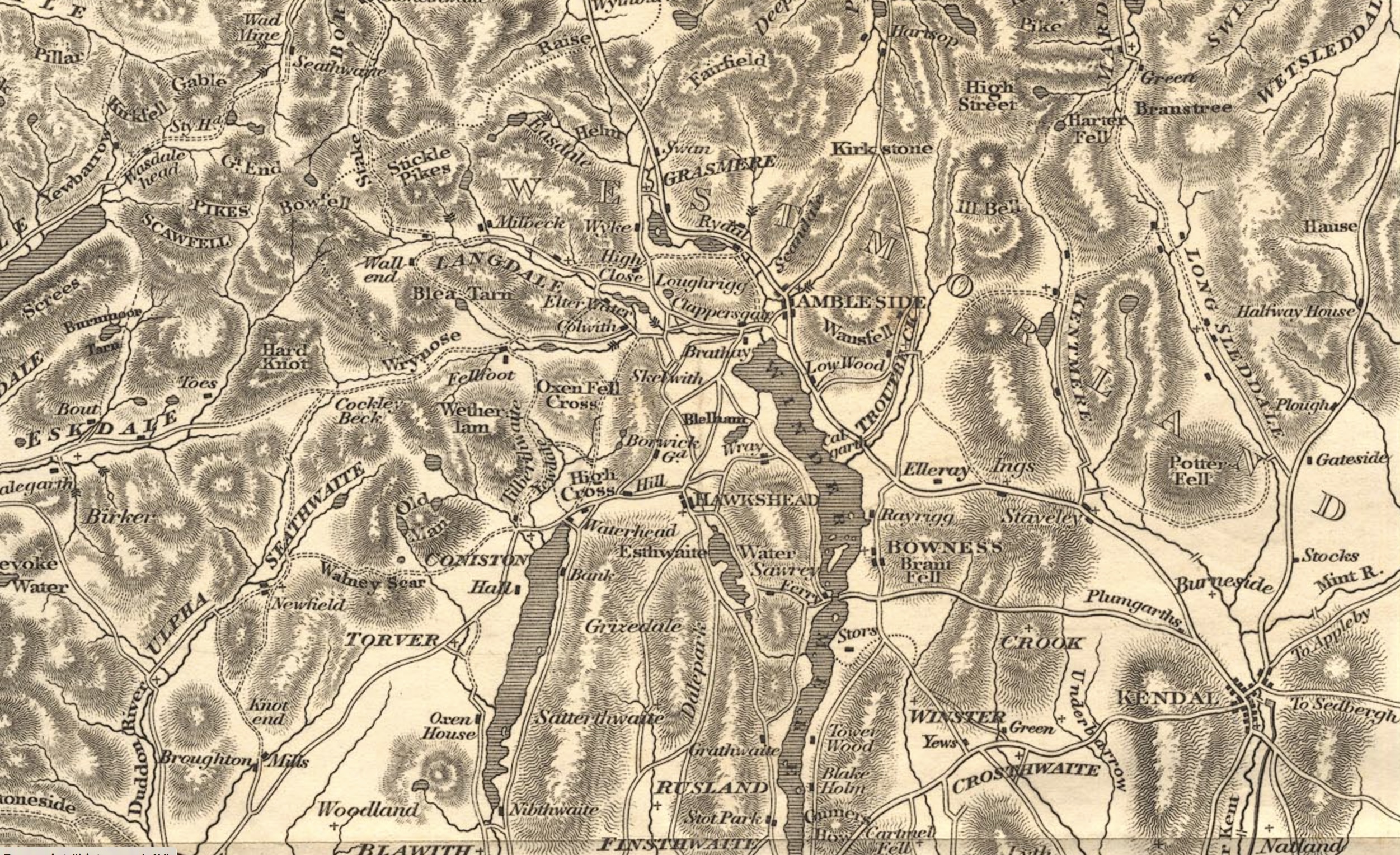 
          Otley’s 1818 map of Grasmere, Amble Side, Hawkshead, and Windermere (click to enlarge) 