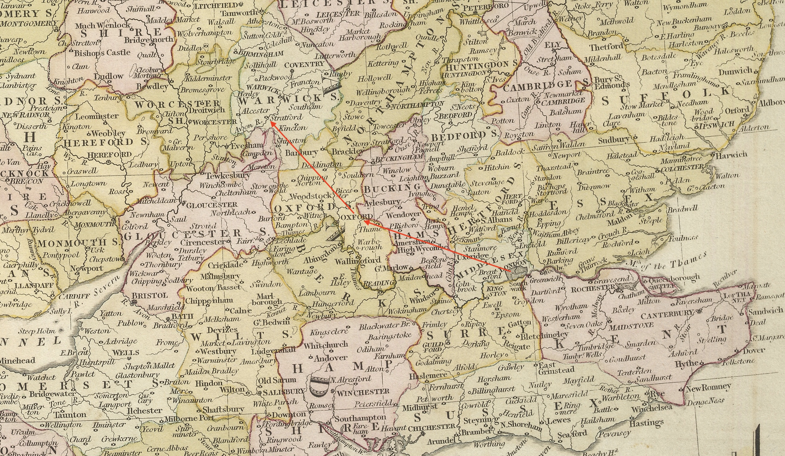 London, Oxford, Stratford-upon-Avon: R. Wilkinson’s 1812 map of the British Isles.
        Keats stays with Bailey in Oxford, 3 September-5 October 1817. As the crow flies: London to
        Oxford = about 83 km/51 miles; Oxford to Stratford-upon-Avon = about 58 km/39 miles 