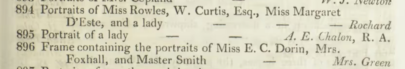 Listing for a miniature painting, Portrait of a lady, by A. E. Chalon, in
        the catalogue of The Exhibition of the Royal Academy (1819), p.37. The sitter was Mrs. Isabella Jones (Click image to
        enlarge.)