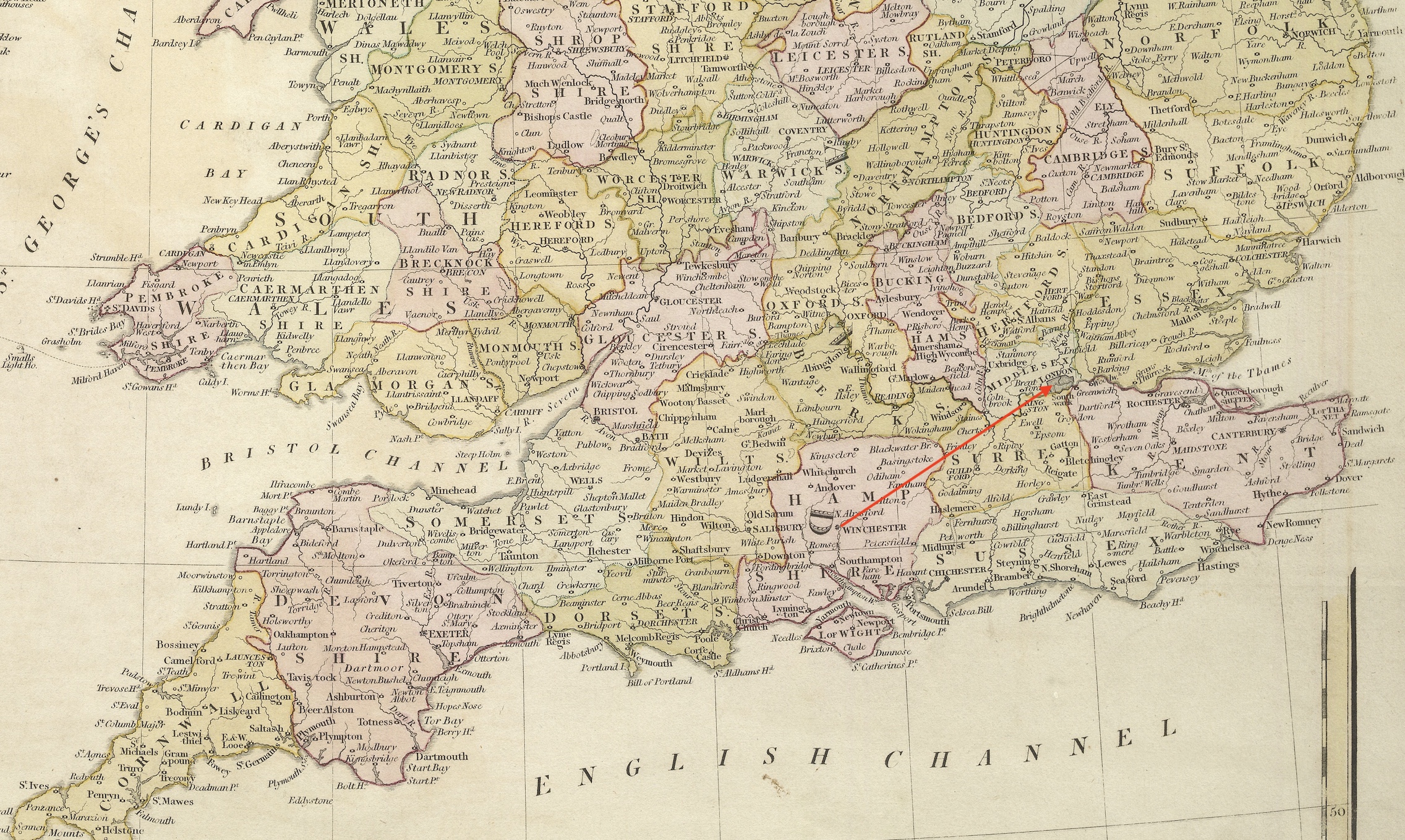 Keats travels from Winchester to London (10 September) and back (15 September).
        Map: The British Isles, 1813, published by R. Wilkinson. The distance: about 100 km (60
        miles). Click to enlarge.